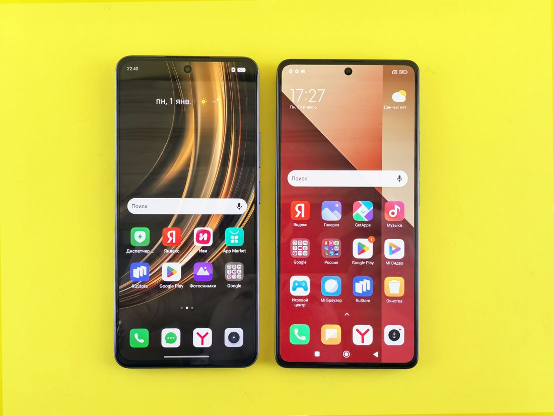 Comparativo lado a lado de dois smartphones Xiaomi ligados, mostrando a interface